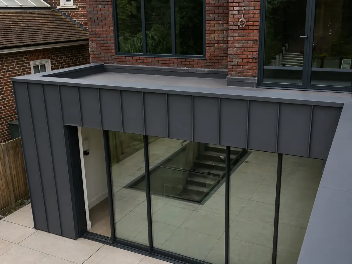 Steel fascia and soffit details above sliding doors on a rear extension