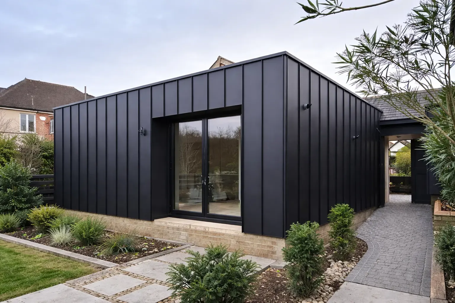 Dark aluminium-clad garden room with full-height sliding glass doors